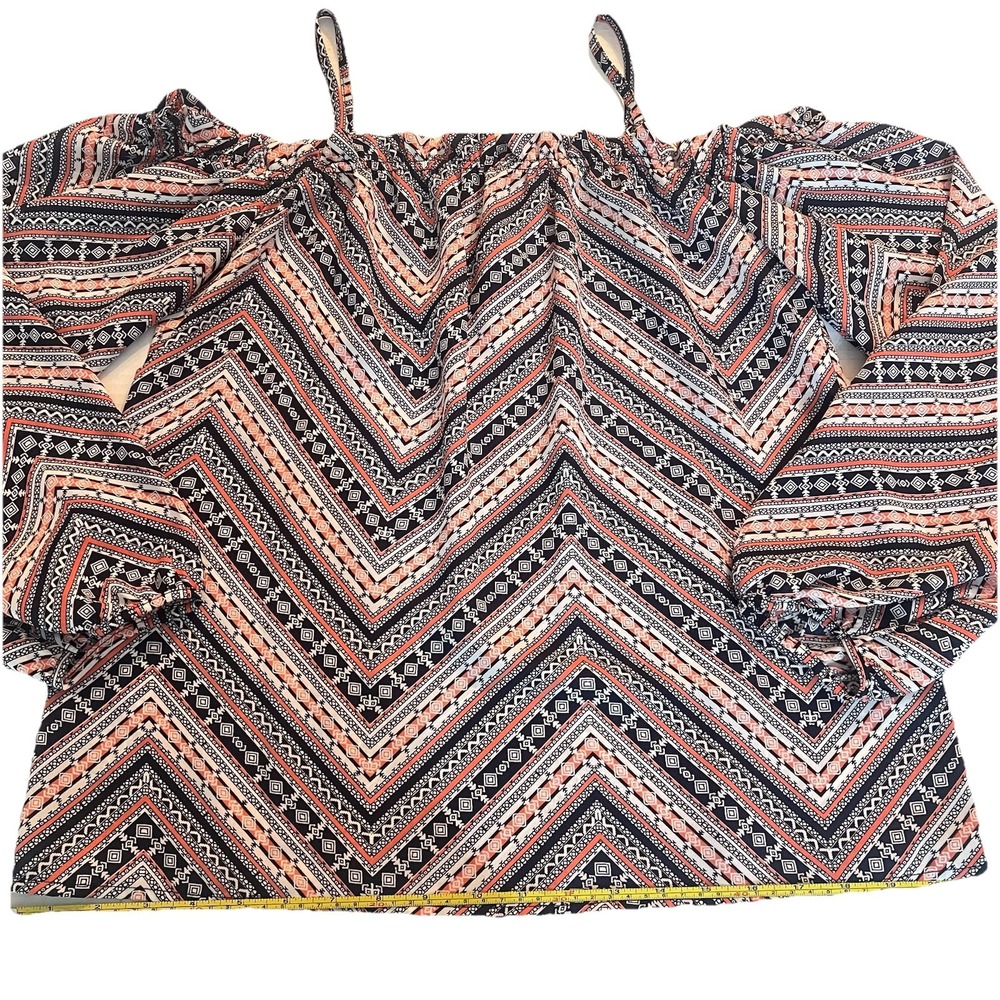 Summer Peasant Flowy Off Shoulder Chevron Strip White Orange Navy Size Small